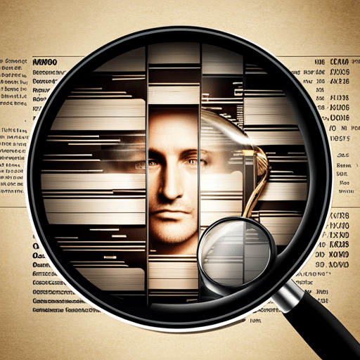 An image showcasing a magnifying glass hovering over a digital database filled with records, revealing a list of names and photographs. gawarrants.com