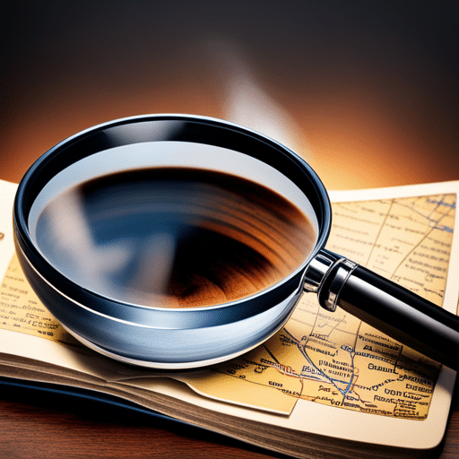 An image showcasing a magnifying glass hovering over a coffee mug, positioned on a rustic wooden table