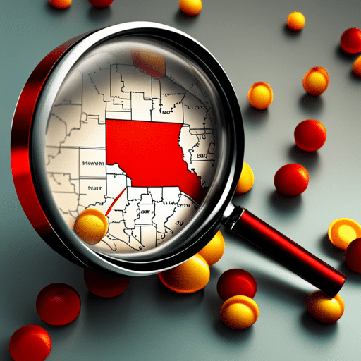 An image showcasing a magnifying glass hovering over a map of Floyd County, revealing various red pins, representing active warrant locations