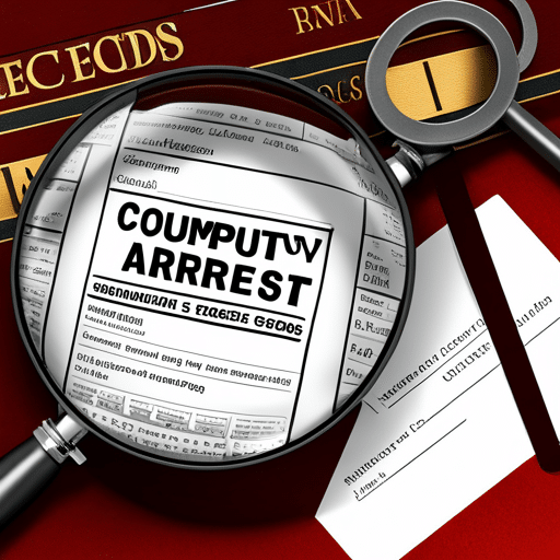 An image depicting a computer screen displaying a search bar with "Murray County Arrest Records" typed in, surrounded by a magnifying glass, handcuffs, and a warrant document, symbolizing the process of searching for arrest records and warrants